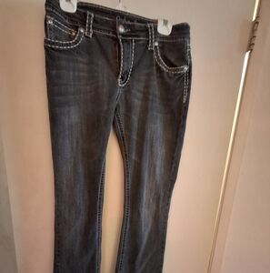 Dark Wash Denim Grey Jeans with White Stitching.